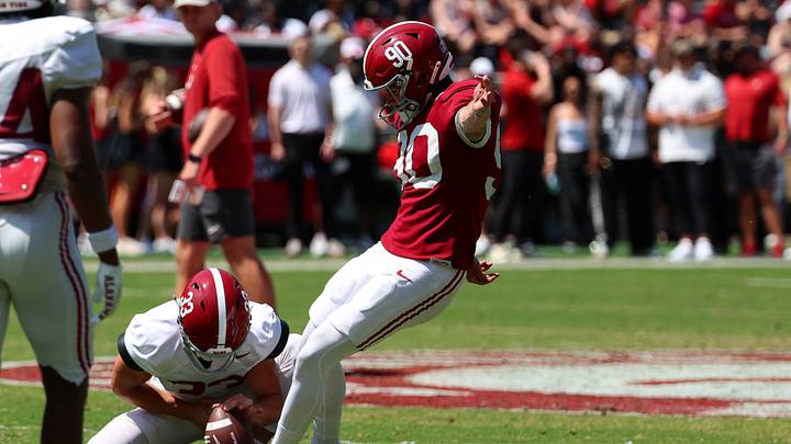 Apr 11, 2026; Tuscaloosa, AL, USA; Alabama Crimson Tide kicker Lorcan Quinn (90) kicks the field goal during the Alabama A-Day spring football scrimmage game at Saban Field at Bryant-Denny Stadium. Mandatory Credit: David Leong-Imagn Images
