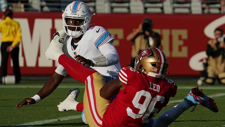 Aug 13, 2026; Santa Clara, California, USA; Tennessee Titans quarterback Cam Ward (1) is sacked by San Francisco 49ers defensive end Titus Leo (96) in the first quarter at Levi's Stadium. Mandatory Credit: David Gonzales-Imagn Images Aug 13, 2026; Santa Clara, California, USA; Tennessee Titans quarterback Cam Ward (1) is sacked by San Francisco 49ers defensive end Titus Leo (96) in the first quarter at Levi's Stadium. Mandatory Credit: David Gonzales-Imagn Images