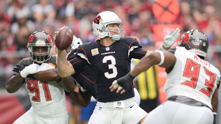 Oct 15, 2017; Glendale, AZ, USA; Arizona Cardinals quarterback Carson Palmer (3) throws a pass against the Tampa Bay Buccaneers during the first half at University of Phoenix Stadium. Mandatory Credit: Joe Camporeale-Imagn Images