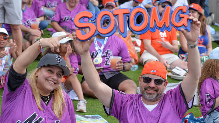 New York Mets fans around the stadium for the first spring training home game against the Houston Astros at Clover Park on Saturday, Feb. 22, 2025, in Port St. Lucie.