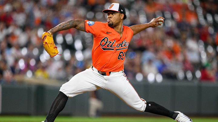 Aug 17, 2024; Baltimore, Maryland, USA; Baltimore Orioles pitcher Gregory Soto (65) throws a pitch during the ninth inning against the Boston Red Sox at Oriole Park at Camden Yards Aug 17, 2024; Baltimore, Maryland, USA; Baltimore Orioles pitcher Gregory Soto (65) throws a pitch during the ninth inning against the Boston Red Sox at Oriole Park at Camden Yards