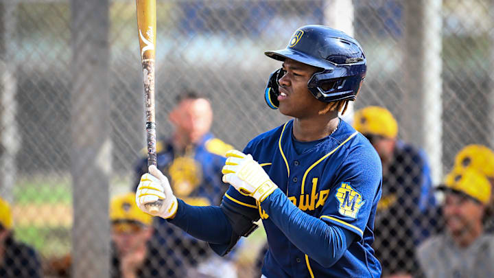 Milwaukee Brewers shortstop prospect Jesus Made prepares to hit during spring training on February 17, 2025, at American Family Fields of Phoenix in Phoenix, Arizona.