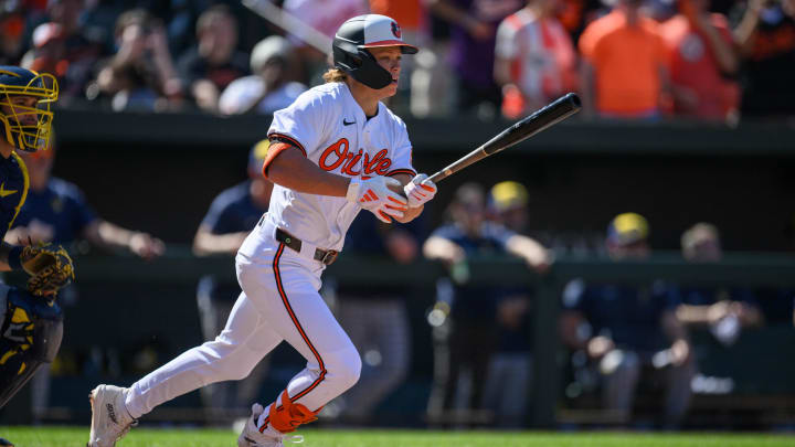 Apr 14, 2024; Baltimore, Maryland, USA; Baltimore Orioles second base Jackson Holliday (7) hits Apr 14, 2024; Baltimore, Maryland, USA; Baltimore Orioles second base Jackson Holliday (7) hits