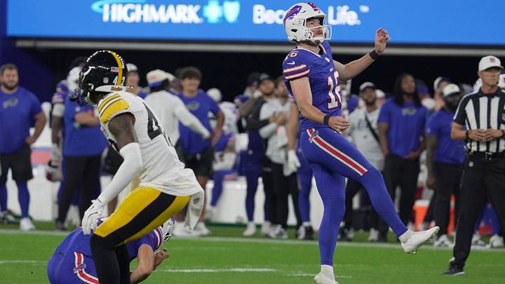 Buffalo Bills kicker Tyler Bass watches as his field goal scores three points for the Bills during second half action of the Bills preseason game against the Pittsburgh Steelers at Highmark Stadium on Aug. 27, 2026. Buffalo Bills kicker Tyler Bass watches as his field goal scores three points for the Bills during second half action of the Bills preseason game against the Pittsburgh Steelers at Highmark Stadium on Aug. 27, 2026.