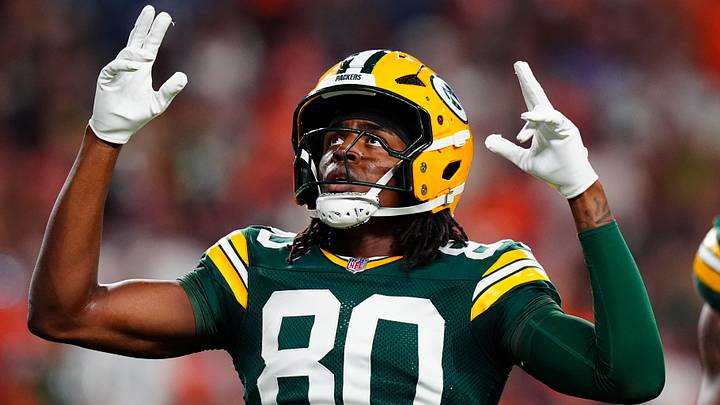 Green Bay Packers wide receiver Isaiah Neyor (80) celebrates a touchdown during the game at Denver. Green Bay Packers wide receiver Isaiah Neyor (80) celebrates a touchdown during the game at Denver.