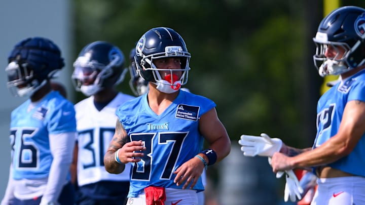 Jul 23, 2025; Nashville, TN, USA;  Tennessee Titans wide receiver Xavier Restrepo (87) goes through drills during training camp at Ascension Saint Thomas Sports Park. Mandatory Credit: Steve Roberts-Imagn Images
