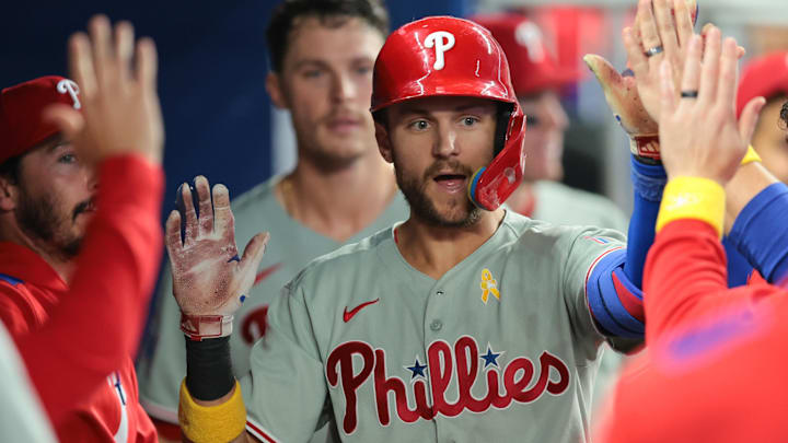 Sep 7, 2025; Miami, Florida, USA; Philadelphia Phillies shortstop Trea Turner (7) celebrates after hitting a home run against the Miami Marlins during the sixth inning at loanDepot Park. Mandatory Credit: Sam Navarro-Imagn Images Sep 7, 2025; Miami, Florida, USA; Philadelphia Phillies shortstop Trea Turner (7) celebrates after hitting a home run against the Miami Marlins during the sixth inning at loanDepot Park. Mandatory Credit: Sam Navarro-Imagn Images