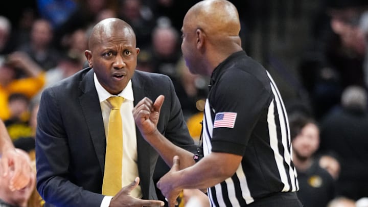 Jan 20, 2026; Columbia, Missouri, USA; Missouri Tigers head coach Dennis Gates discusses a call with an official against the Georgia Bulldogs during the second half of the game at Mizzou Arena. Mandatory Credit: Denny Medley-Imagn Images