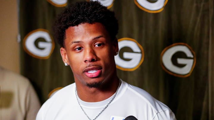 Green Bay Packers wide receiver Matthew Golden is interviewed by the media during rookie minicamp on Friday, May 2, 2025, at Lambeau Field in Green Bay, Wisconsin. The Packers selected Golden with their first round pick in the 2025 NFL Draft.
Tork Mason/USA TODAY NETWORK-Wisconsin