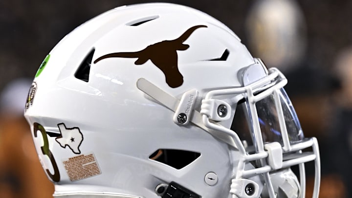 Texas Longhorns helmet on the sideline during the first quarter against the Texas A&M Aggies.
