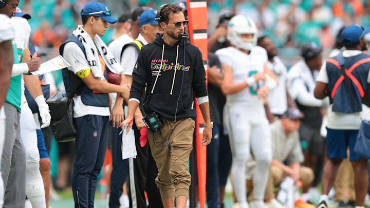 Miami Dolphins head coach Mike McDaniel watches from the sideline against the Los Angeles Chargers during the fourth quarter at Hard Rock Stadium. Miami Dolphins head coach Mike McDaniel watches from the sideline against the Los Angeles Chargers during the fourth quarter at Hard Rock Stadium.