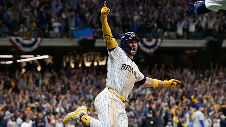 Oct 2, 2024; Milwaukee, Wisconsin, USA; Milwaukee Brewers outfielder Garrett Mitchell (5) celebrates after hitting a two-run home run during the eighth inning in game two of the Wildcard round for the 2024 MLB Playoffs against the New York Mets at American Family Field. Mandatory Credit: Benny Sieu-Imagn Images