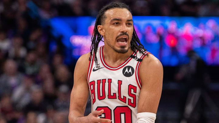 Mar 20, 2025; Sacramento, California, USA; Chicago Bulls guard Tre Jones (30) reacts to a call during the fourth quarter of the game against the Sacramento Kings at Golden 1 Center. Mandatory Credit: Ed Szczepanski-Imagn Images