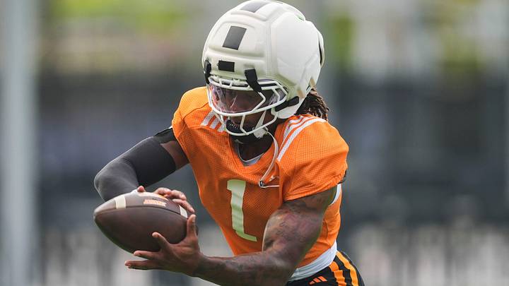 Tennessee safety TJ Metcalf (1) catches the ball at a Tennessee football preseason practice in Knoxville, Tenn., on Aug. 12, 2026. Tennessee safety TJ Metcalf (1) catches the ball at a Tennessee football preseason practice in Knoxville, Tenn., on Aug. 12, 2026.