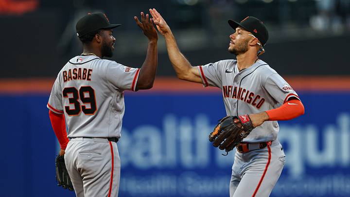 Sep 5, 2026; New York City, New York, USA;  San Francisco Giants second baseman Osleivis Basabe (39) celebrates with right fielder Grant McCray (58) after defeating the New York Mets at Citi Field. Mandatory Credit: Vincent Carchietta-Imagn Images