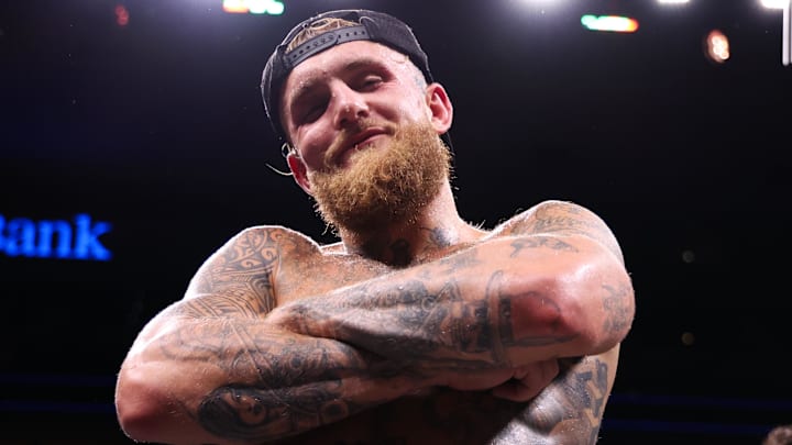 Jake Paul reacts after the win against Nate Diaz in a boxing match at American Airlines Center. Jake Paul reacts after the win against Nate Diaz in a boxing match at American Airlines Center.