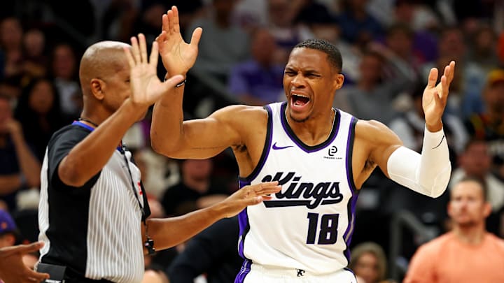 Oct 22, 2025; Phoenix, Arizona, USA; Sacramento Kings guard Russell Westbrook (18) reacts to a call during the second half against the Phoenix Suns at the Mortgage Matchup Center. Mandatory Credit: Mark J. Rebilas-Imagn Images Oct 22, 2025; Phoenix, Arizona, USA; Sacramento Kings guard Russell Westbrook (18) reacts to a call during the second half against the Phoenix Suns at the Mortgage Matchup Center. Mandatory Credit: Mark J. Rebilas-Imagn Images