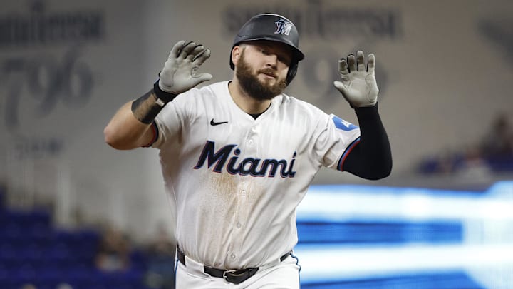 Aug 21, 2024; Miami, Florida, USA;  Miami Marlins third baseman Jake Burger (36) rounds the bases after hitting a two -un home run against the Arizona Diamondbacks in the first inning at loanDepot Park. Mandatory Credit: Rhona Wise-Imagn Images