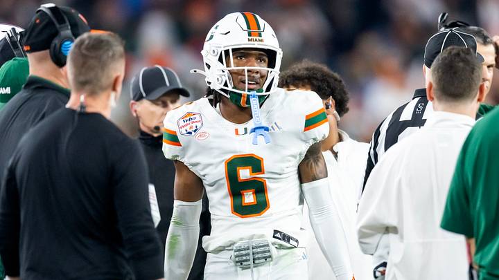Jan 8, 2026; Glendale, AZ, USA; Miami Hurricanes defensive back Xavier Lucas (6) against the Mississippi Rebels during the 2026 Fiesta Bowl and semifinal game of the College Football Playoff at State Farm Stadium. Mandatory Credit: Mark J. Rebilas-Imagn Images Jan 8, 2026; Glendale, AZ, USA; Miami Hurricanes defensive back Xavier Lucas (6) against the Mississippi Rebels during the 2026 Fiesta Bowl and semifinal game of the College Football Playoff at State Farm Stadium. Mandatory Credit: Mark J. Rebilas-Imagn Images