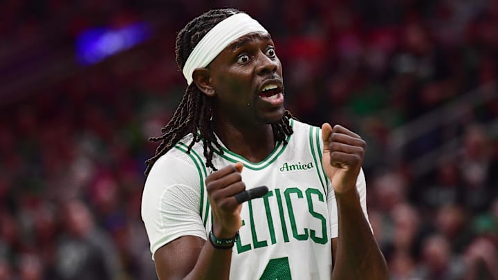 Apr 20, 2025; Boston, Massachusetts, USA; Boston Celtics guard Jrue Holiday (4) reacts after a play during the second against the Orlando Magic at TD Garden. Mandatory Credit: Bob DeChiara-Imagn Images