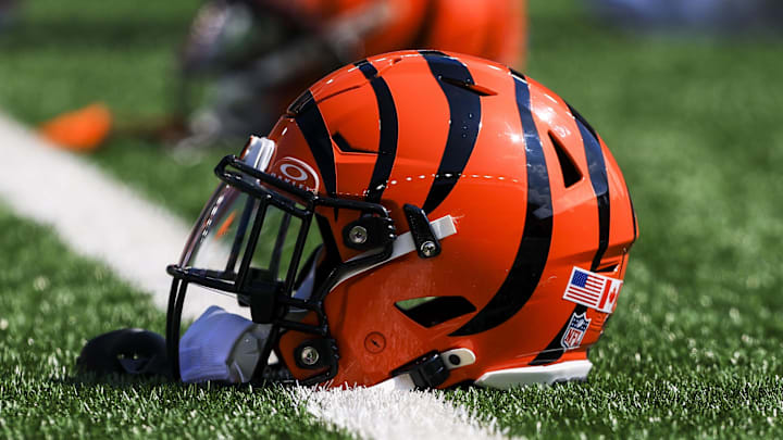 Sep 14, 2025; Cincinnati, Ohio, USA; A general view of the helmet of Cincinnati Bengals running back Chase Brown (30) during warmups before the game against the Jacksonville Jaguars at Paycor Stadium. Mandatory Credit: Katie Stratman-Imagn Images Sep 14, 2025; Cincinnati, Ohio, USA; A general view of the helmet of Cincinnati Bengals running back Chase Brown (30) during warmups before the game against the Jacksonville Jaguars at Paycor Stadium. Mandatory Credit: Katie Stratman-Imagn Images