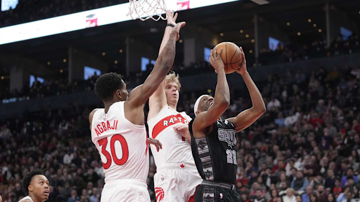 Feb 12, 2024; Toronto, Ontario, CAN; San Antonio Spurs guard Malaki Branham (22) shoots 