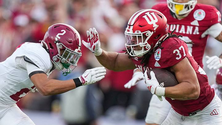 Indiana Hoosiers tight end Riley Nowakowski (37) rushes up the field against Alabama Crimson Tide defensive back Zabien Brown (2) on Thursday, Jan. 1, 2026, during the 112th annual Rose Bowl game in Pasadena. Indiana Hoosiers defeated Alabama Crimson Tide, 38-3. Indiana Hoosiers tight end Riley Nowakowski (37) rushes up the field against Alabama Crimson Tide defensive back Zabien Brown (2) on Thursday, Jan. 1, 2026, during the 112th annual Rose Bowl game in Pasadena. Indiana Hoosiers defeated Alabama Crimson Tide, 38-3.
