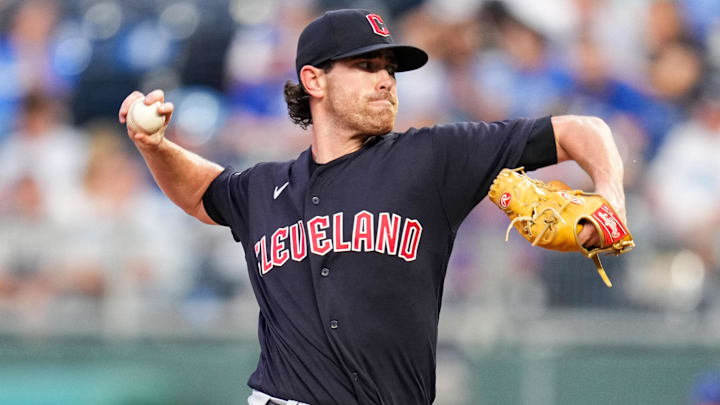 Sep 6, 2022; Kansas City, Missouri, USA; Cleveland Guardians starting pitcher Shane Bieber (57) pitches against the Kansas City Royals during the first inning at Kauffman Stadium. Mandatory Credit: Jay Biggerstaff-Imagn Images