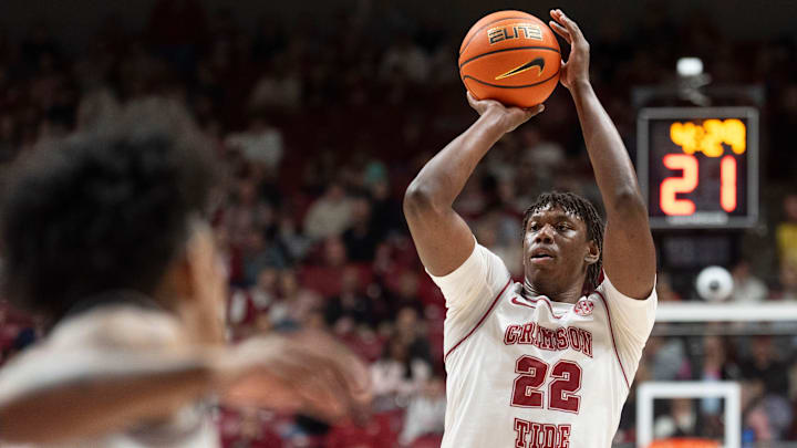 Feb 14, 2026; Tuscaloosa, AL, USA; Alabama forward Aiden Sherrell (22) shoots a three-point shot.