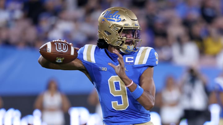 Sep 12, 2025; Pasadena, California, USA;  UCLA Bruins quarterback Nico Iamaleava (9) looks to pass during the first quarter against the New Mexico Lobos at Rose Bowl. Mandatory Credit: Kiyoshi Mio-Imagn Images
