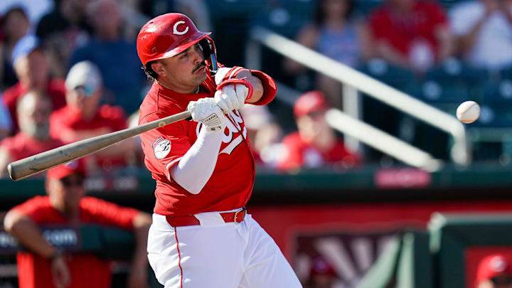 Cincinnati Reds second baseman Sal Stewart (84) hits a homer in the eighth inning of a Cactus League game between the Cincinnati Reds and Los Angeles Dodgers, Monday, Feb. 24, 2025, at Goodyear Ballpark in Goodyear, Ariz. Reds won 8-1.