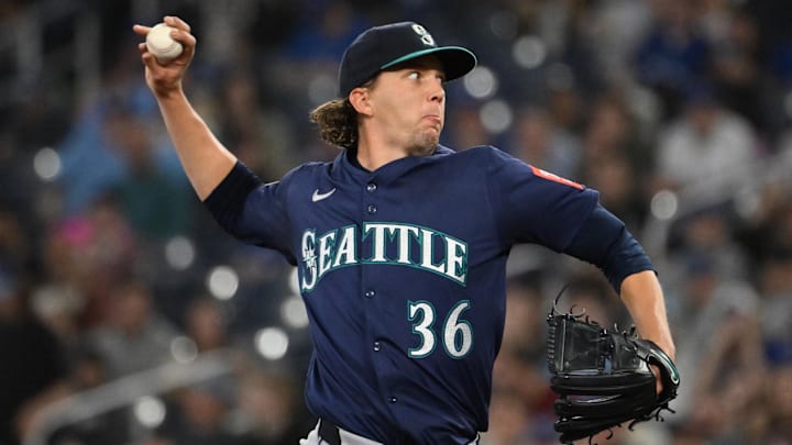 Seattle Mariners pitcher Logan Gilbert throws during a game against the Toronto Blue Jays on April 19 at Rogers Centre. Seattle Mariners pitcher Logan Gilbert throws during a game against the Toronto Blue Jays on April 19 at Rogers Centre.