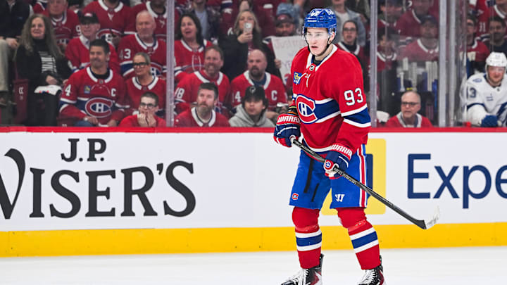 Apr 26, 2026; Montreal, Quebec, CAN; Montreal Canadiens right wing Ivan Demidov (93) tracks the play against the Tampa Bay Lightning during the first period in game four of the first round of the 2026 Stanley Cup Playoffs at Bell Centre. Mandatory Credit: David Kirouac-Imagn Images