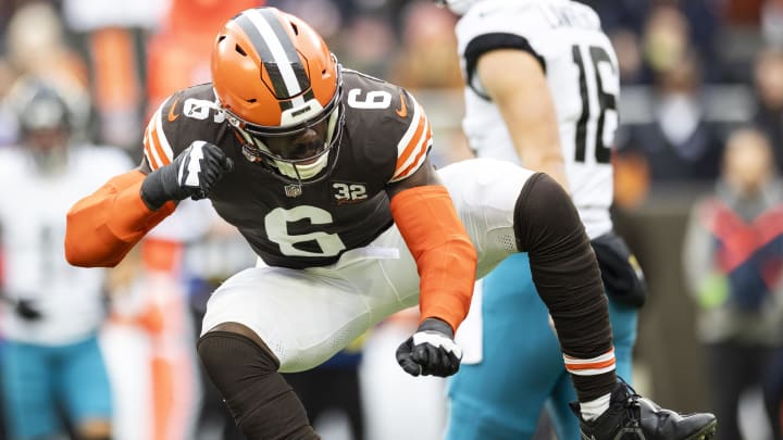 Dec 10, 2023; Cleveland, Ohio, USA; Cleveland Browns linebacker Jeremiah Owusu-Koramoah (6) celebrates a tackle against the Jacksonville Jaguars during the first quarter at Cleveland Browns Stadium. Mandatory Credit: Scott Galvin-USA TODAY Sports