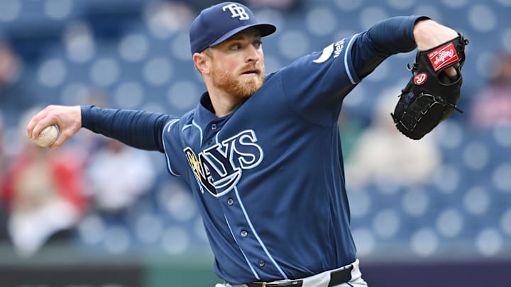 Apr 29, 2026; Cleveland, Ohio, USA; Tampa Bay Rays starting pitcher Drew Rasmussen (57) throws a pitch against the Cleveland Guardians during the first inning at Progressive Field. Apr 29, 2026; Cleveland, Ohio, USA; Tampa Bay Rays starting pitcher Drew Rasmussen (57) throws a pitch against the Cleveland Guardians during the first inning at Progressive Field.