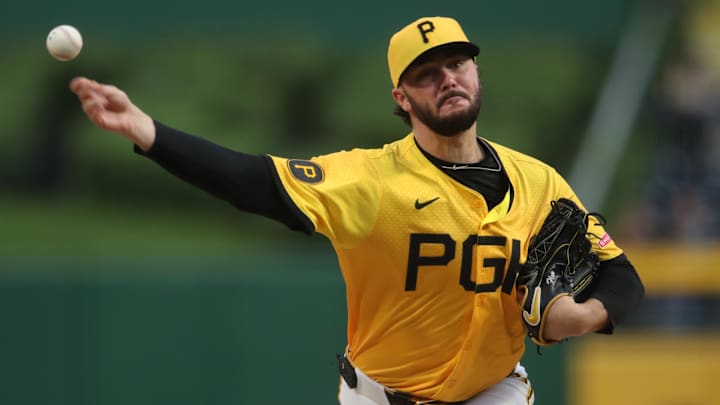 May 23, 2025; Pittsburgh, Pennsylvania, USA;  Pittsburgh Pirates starting pitcher Paul Skenes (30) pitches against the Milwaukee Brewers during the second inning at PNC Park. Mandatory Credit: Charles LeClaire-Imagn Images