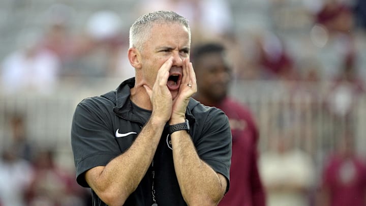 Sep 2, 2024; Tallahassee, Florida, USA; Florida State Seminoles head coach Mike Norvell before the game against the Boston College Eagles at Doak S. Campbell Stadium. Mandatory Credit: Melina Myers-Imagn Images
