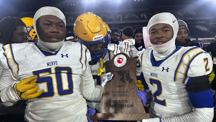 Mervo celebrates its 2025 MPSSAA Class 4A-3A state championship victory. Mervo placed 14 players on the 4A-3A North All-Region team.