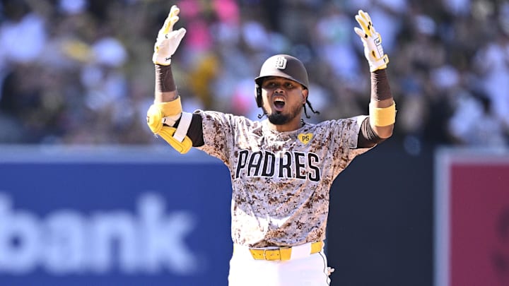 San Diego Padres first baseman Luis Arraez celebrates after hitting a double against the Chicago White Sox on Sept. 22 at Petco Park. San Diego Padres first baseman Luis Arraez celebrates after hitting a double against the Chicago White Sox on Sept. 22 at Petco Park.