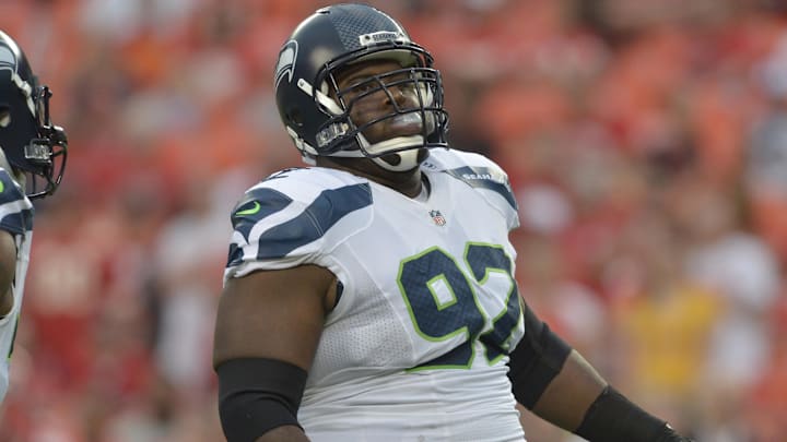 Seattle Seahawks DT Brandon Mebane celebrates after sacking Kansas City Chiefs quarterback Alex Smith.