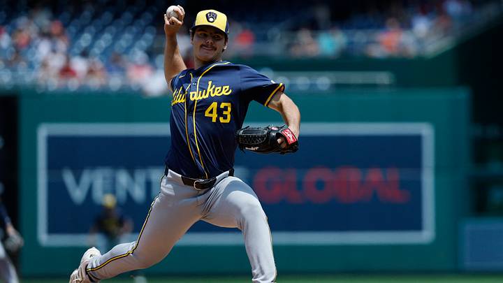 Aug 3, 2025; Washington, District of Columbia, USA; Milwaukee Brewers starting pitcher Logan Henderson (43) pitches against the Washington Nationals during the first inning at Nationals Park. Mandatory Credit: Geoff Burke-Imagn Images Aug 3, 2025; Washington, District of Columbia, USA; Milwaukee Brewers starting pitcher Logan Henderson (43) pitches against the Washington Nationals during the first inning at Nationals Park. Mandatory Credit: Geoff Burke-Imagn Images