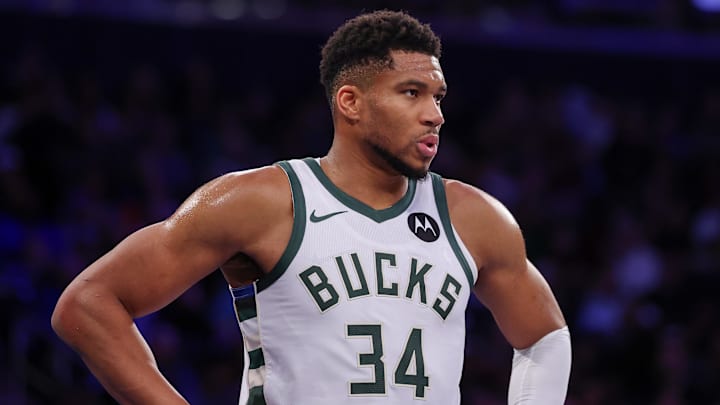 Nov 28, 2025; New York, New York, USA; Milwaukee Bucks forward Giannis Antetokounmpo (34) looks back during the second half against the New York Knicks at Madison Square Garden. Mandatory Credit: Vincent Carchietta-Imagn Images