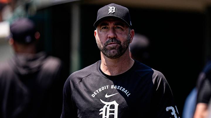 Detroit Tigers pitcher Justin Verlander in the dugout during the fourth inning between Detroit Tigers and Philadelphia Phillies at Comerica Park in Detroit on Sunday, July 12, 2026. Detroit Tigers pitcher Justin Verlander in the dugout during the fourth inning between Detroit Tigers and Philadelphia Phillies at Comerica Park in Detroit on Sunday, July 12, 2026.