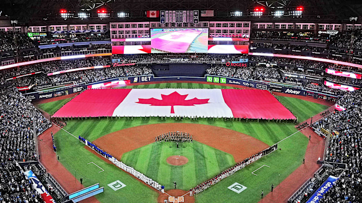 Mar 27, 2025; Toronto, Ontario, CAN; A general view of the Rogers Centre during the national anthem before the start of the opening day game between the Toronto Blue Jays and the Baltimore Orioles.