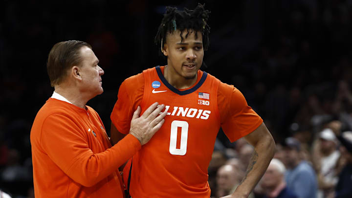 Mar 30, 2024; Boston, MA, USA; Illinois Fighting Illini head coach Brad Underwood reacts with guard