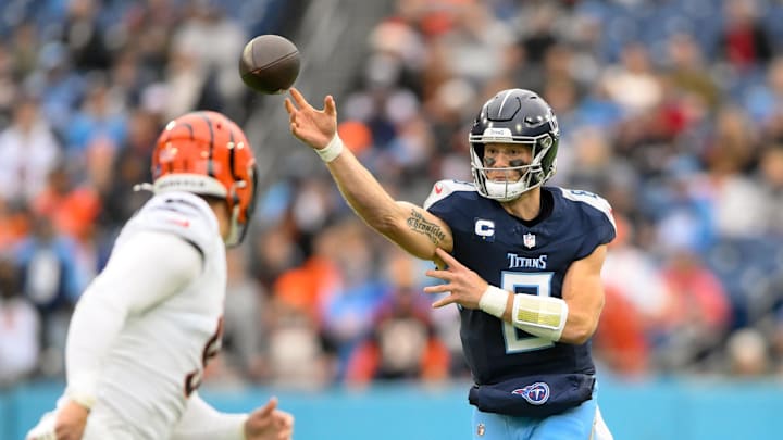 Dec 15, 2024; Nashville, Tennessee, USA; Tennessee Titans Will Levis (8) throws a pass against the Cincinnati Bengals during the first half at Nissan Stadium. Mandatory Credit: Steve Roberts-Imagn Images Dec 15, 2024; Nashville, Tennessee, USA; Tennessee Titans Will Levis (8) throws a pass against the Cincinnati Bengals during the first half at Nissan Stadium. Mandatory Credit: Steve Roberts-Imagn Images