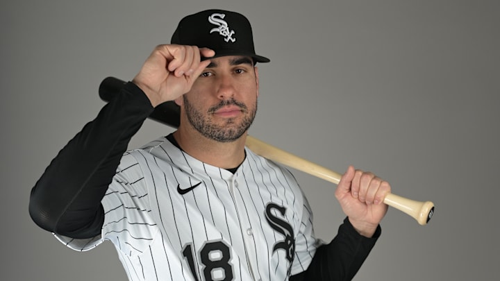 Chicago White Sox outfielder Mike Tauchman (18) poses for a photo on media day at the team’s spring training facility in Glendale, AZ. 