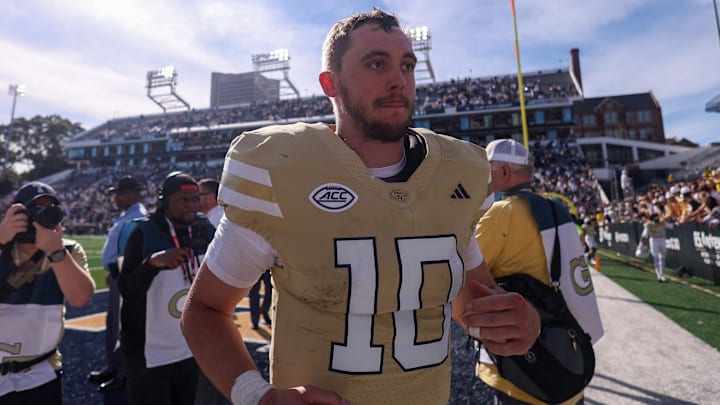 Oct 25, 2025; Atlanta, Georgia, USA; Georgia Tech Yellow Jackets quarterback Haynes King (10) celebrates after a victory over the Syracuse Orange at Bobby Dodd Stadium at Hyundai Field. Mandatory Credit: Brett Davis-Imagn Images
