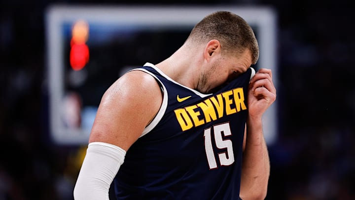 Apr 21, 2025; Denver, Colorado, USA; Denver Nuggets center Nikola Jokic (15) in the third quarter against the Los Angeles Clippers during game two of first round for the 2025 NBA Playoffs at Ball Arena. Mandatory Credit: Isaiah J. Downing-Imagn Images Apr 21, 2025; Denver, Colorado, USA; Denver Nuggets center Nikola Jokic (15) in the third quarter against the Los Angeles Clippers during game two of first round for the 2025 NBA Playoffs at Ball Arena. Mandatory Credit: Isaiah J. Downing-Imagn Images