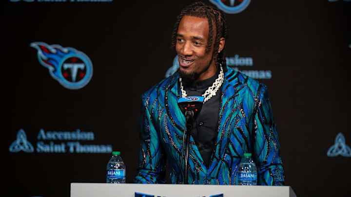 Newly acquired cornerback for the Tennessee Titans L'Jarius Sneed fields questions at his press conference at Ascension Saint Thomas Sports Park Tuesday morning, April 2, 2024.